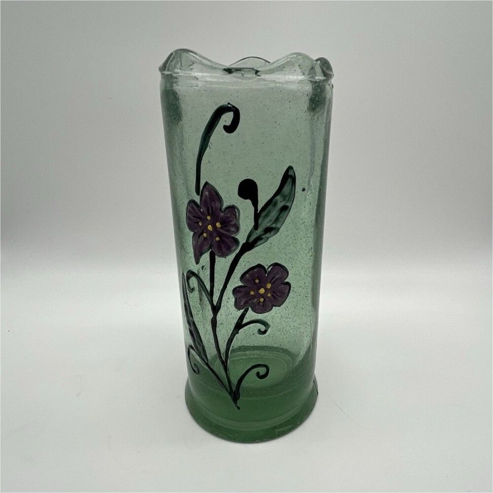 Vintage Recycled Green Glass Vase with Purple Floral Design, very heavy